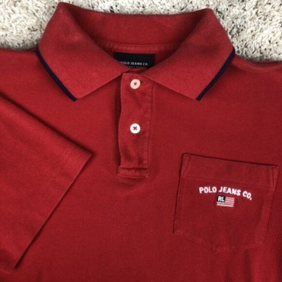 POLO JEANS CO RALPH LAUREN VTG 90s Adult Polo Shirt Medium Red Casual Spell Out - Picture 1 of 7